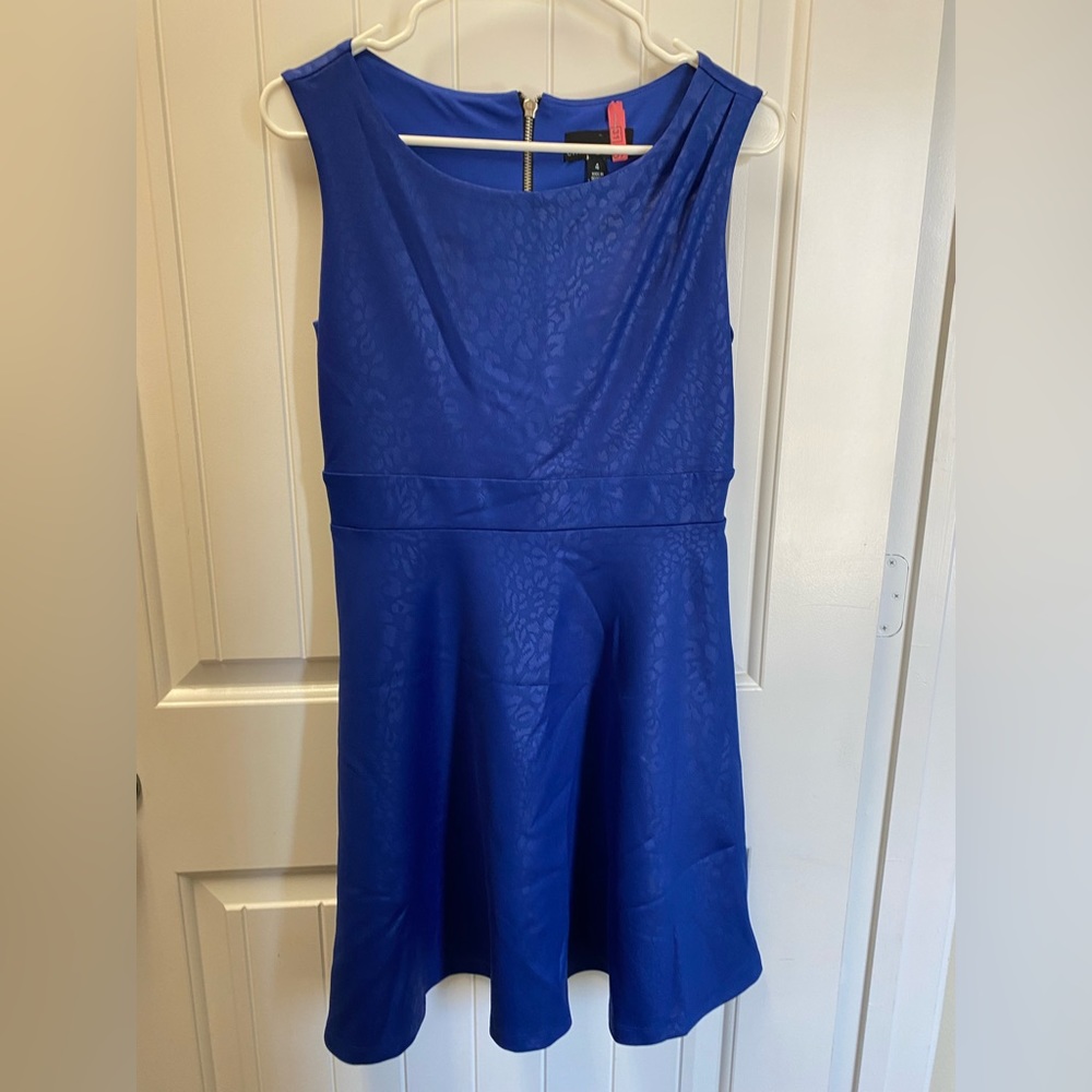Royal blue leopard print cocktail dress.